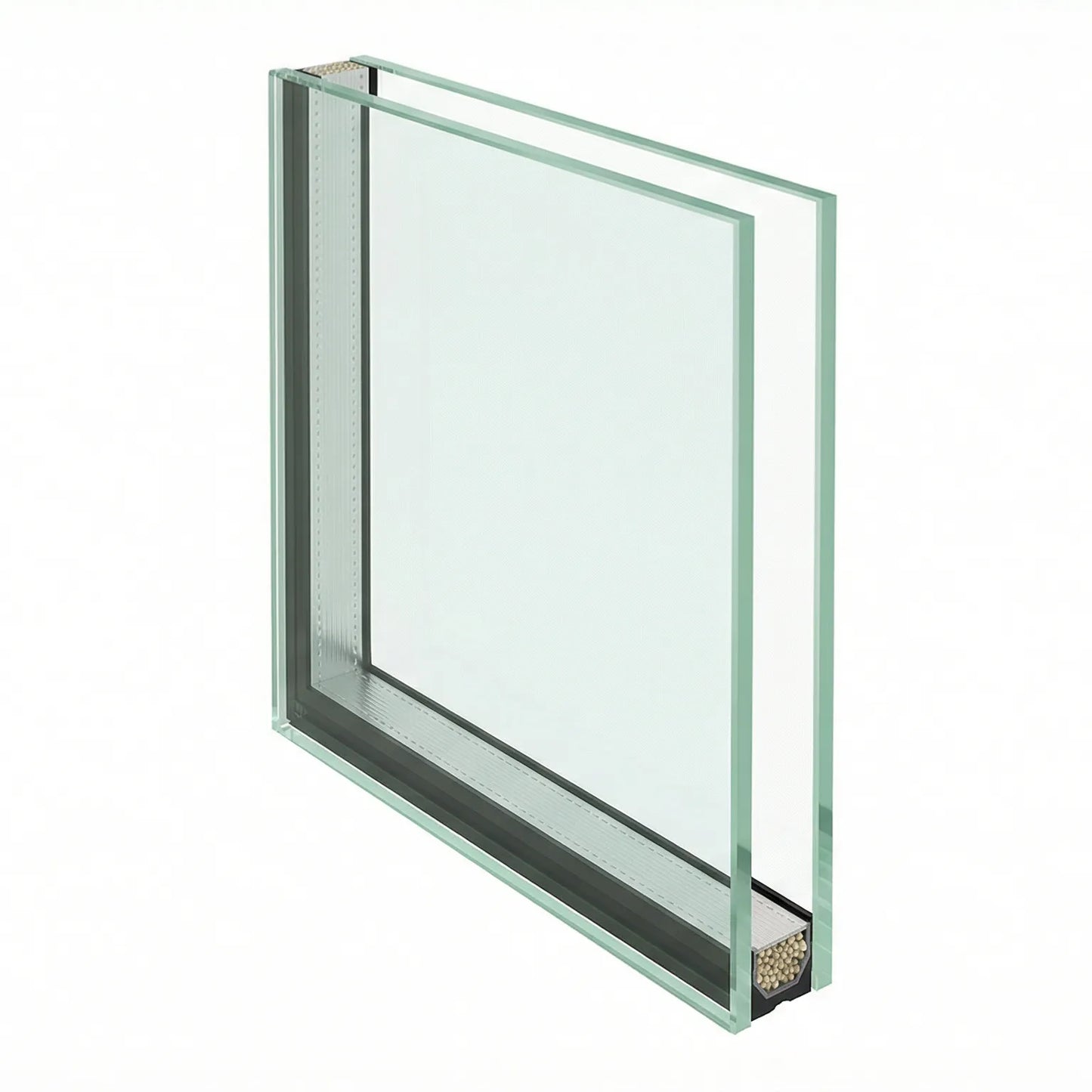 Double glazed sealed unit IGU showing two glass panes, spacer bar and insulating cavity