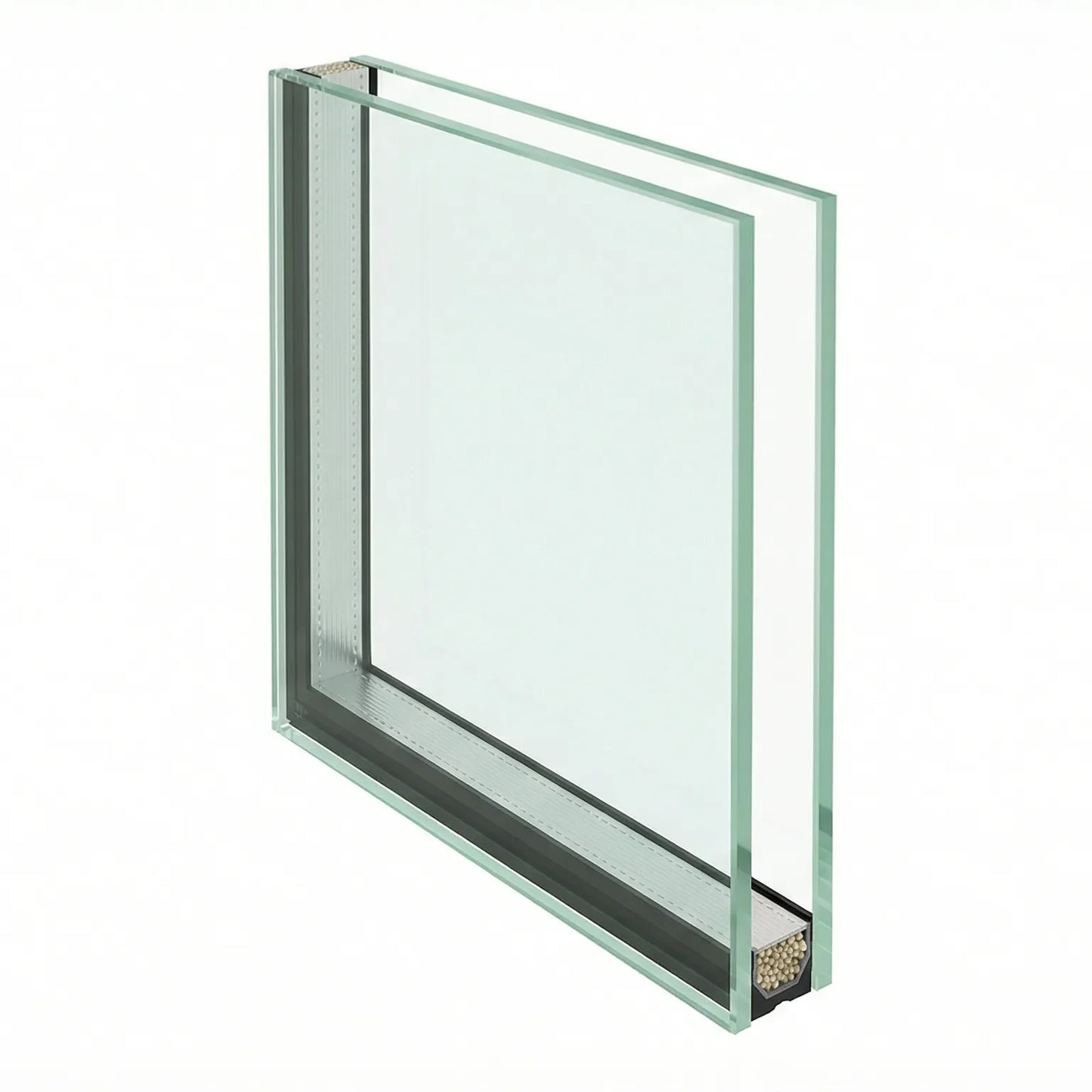 Cutaway diagram showing asymmetric acoustic-laminated double glazed sealed unit, 8.8mm outer + 4mm inner