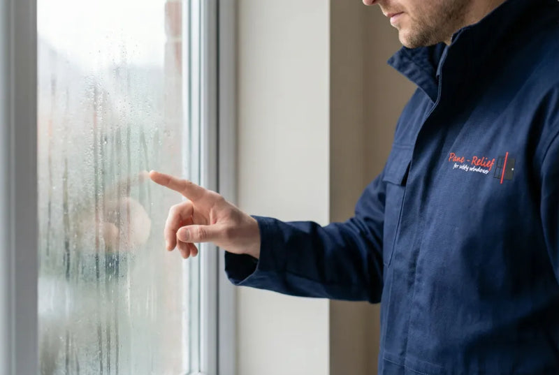 Pane Relief technician inspecting condensation trapped inside a misted double glazed window