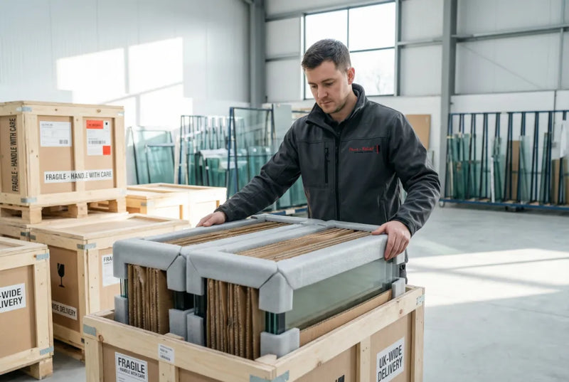Technician packing made to measure insulated glass units for UK wide delivery
