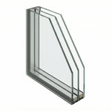 Cutaway diagram showing 36mm shaped triple-glazed sealed unit — template-cut arched-top, raked, circular, or elliptical geometry with argon-filled cavities and Low-E coating