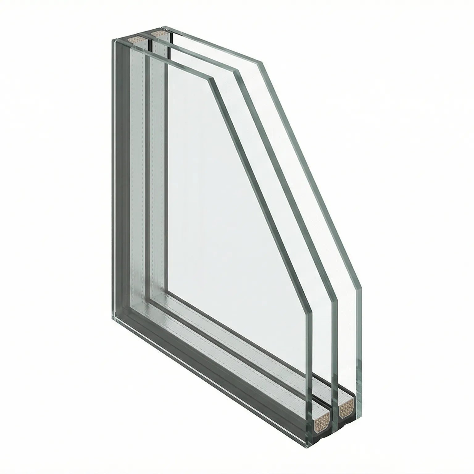 Triple glazed safety sealed unit cutaway — toughened outer/inner with laminated middle pane to BS EN 12150 + BS EN 14449